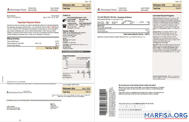 Realistic USA Mississippi Power utility bill, Word and PDF template, 2 pages
